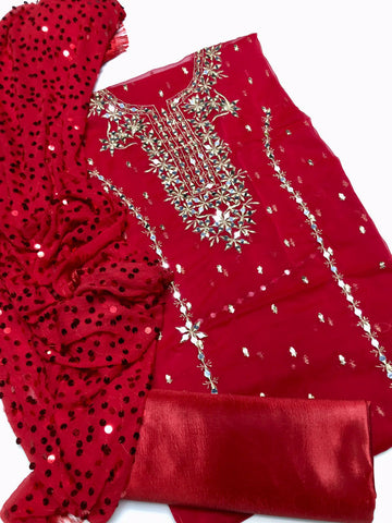 3Pc Fancy Dress | Chiffon Mirror Work Shirt | Sitara Dupatta | Plain Katan Trouser