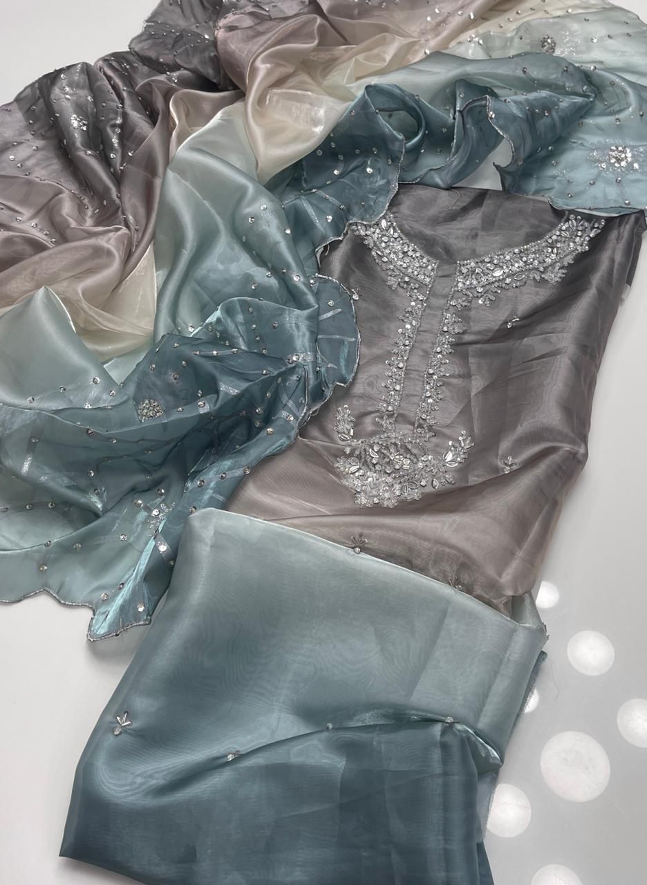 Pure Lava Silk Three Shaded Tye&Dye Crystal Stone Work Handmade 2Pc Dress