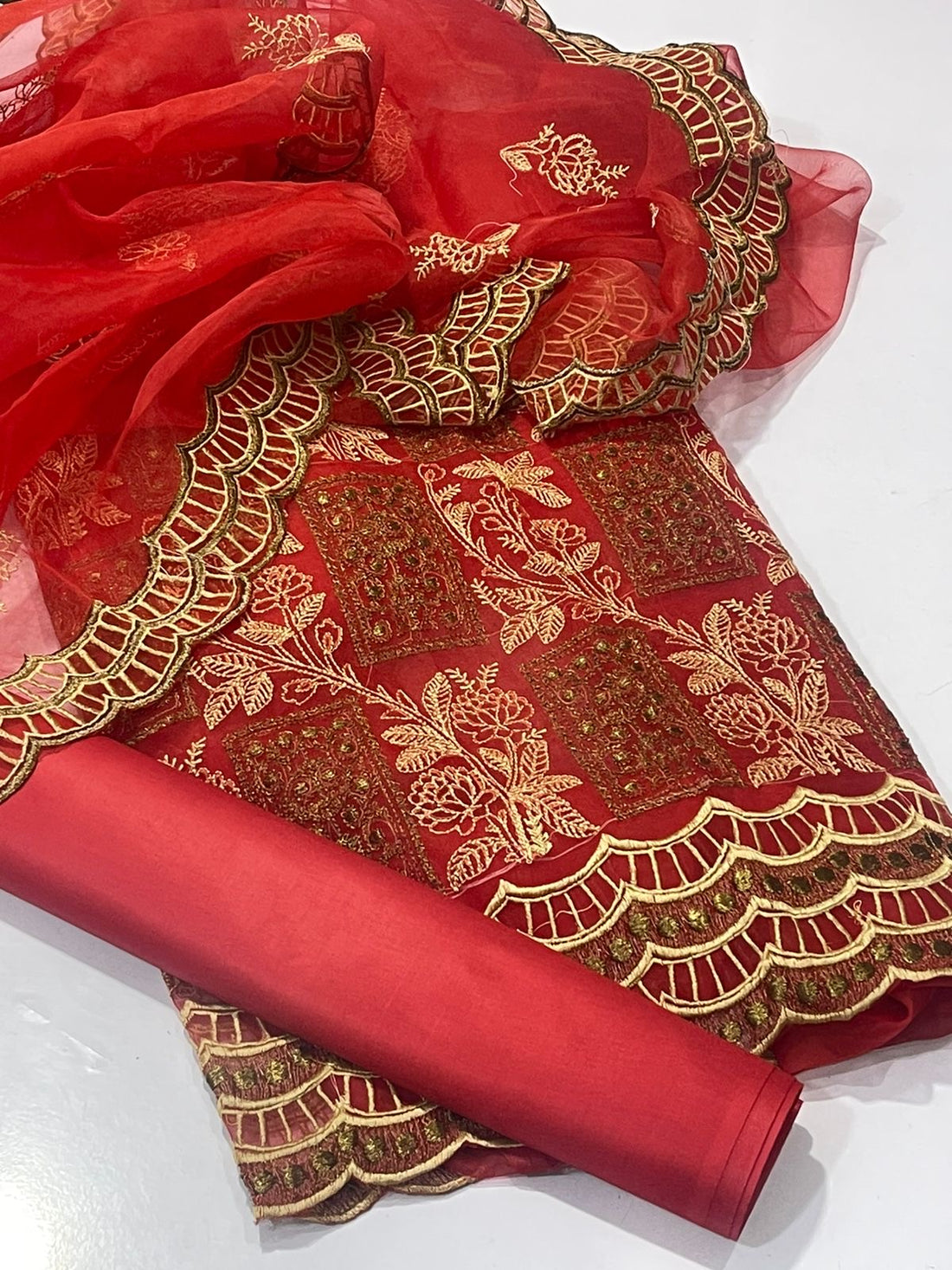 Hot Red Organza Embroidered 3Pc Dress