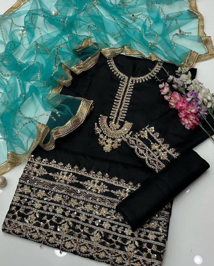 Katan Silk Adda & Beads Work Embroidery 3Pc Dress